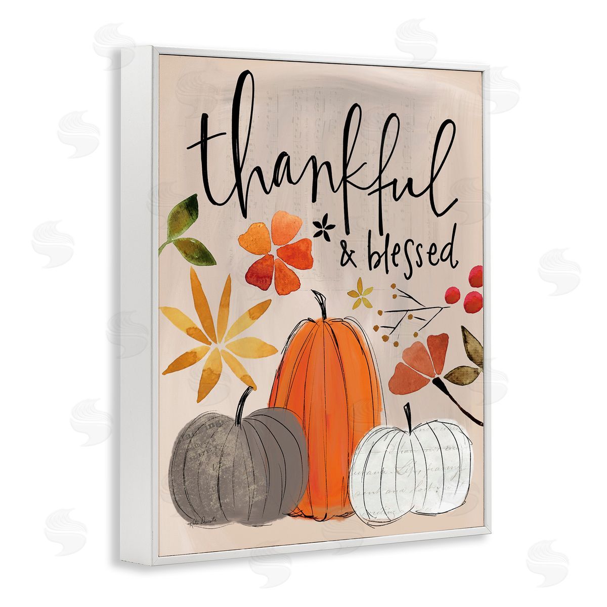 Thankful and Blessed Pumpkins White Frame Print Wall Art, Home Decor by Katie Doucette