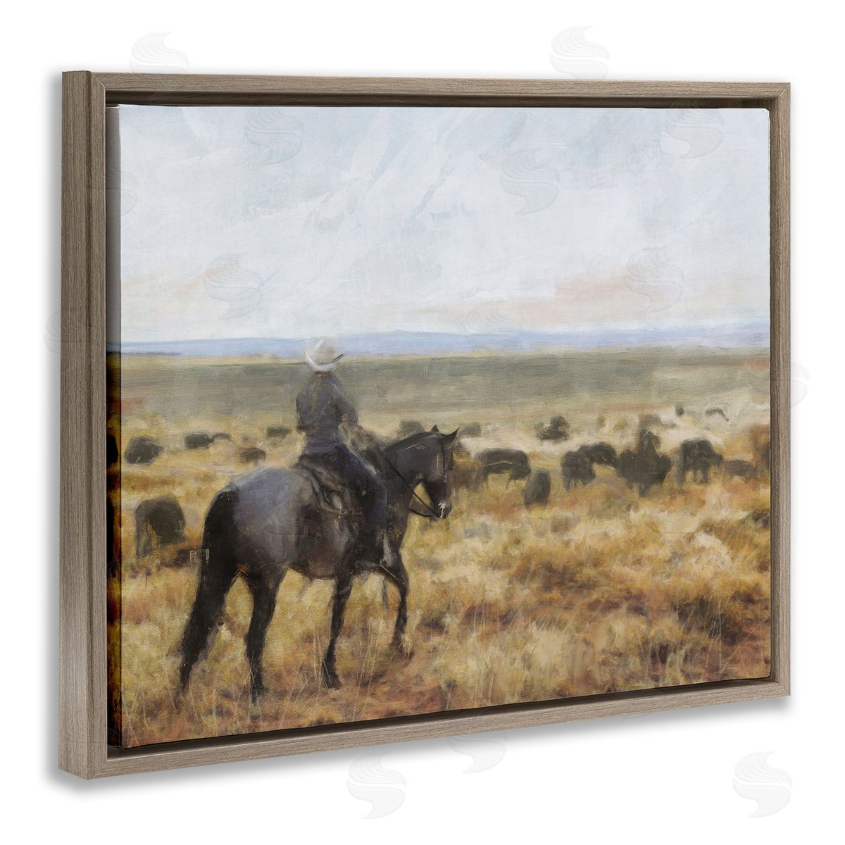 On The Range Cowboy Brown Floating Frame Canvas Wall Art, Home Decor by Nina Blue