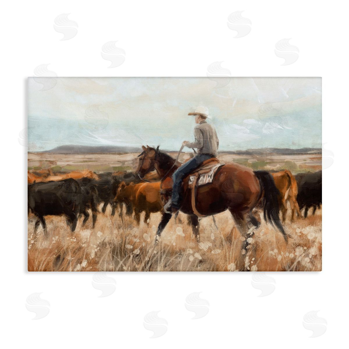 Cowboy Rounding Cattle Canvas Wall Art, Home Decor by Nina Blue