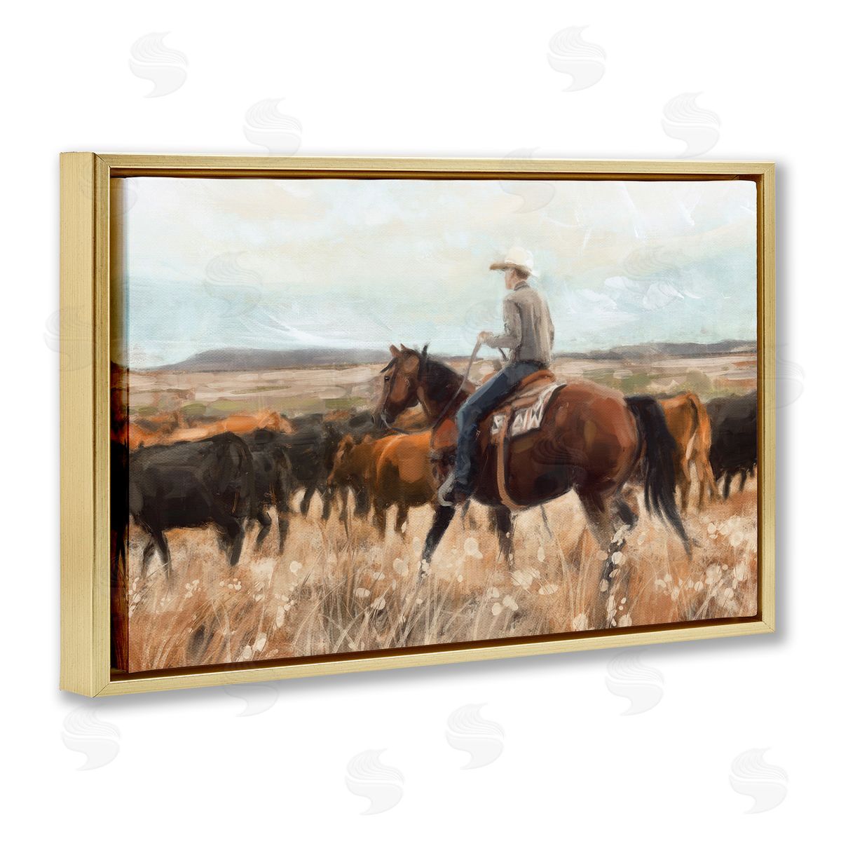 Cowboy Rounding Cattle Gold Floating Frame Canvas Wall Art, Home Decor by Nina Blue