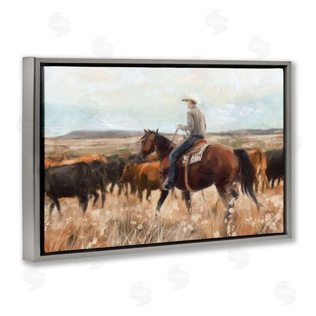 Cowboy Rounding Cattle Grey Floating Frame Canvas Wall Art, Home Decor by Nina Blue