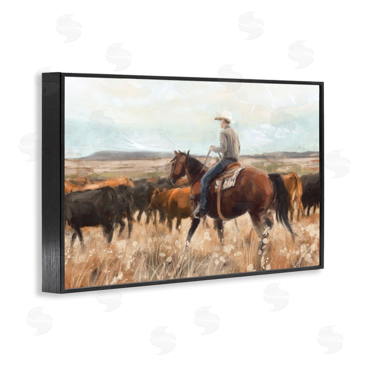 Cowboy Rounding Cattle Black Frame Print Wall Art, Home Decor by Nina Blue