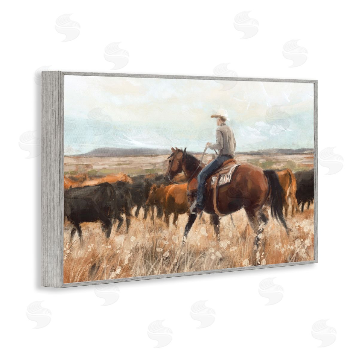 Cowboy Rounding Cattle Grey Frame Print Wall Art, Home Decor by Nina Blue