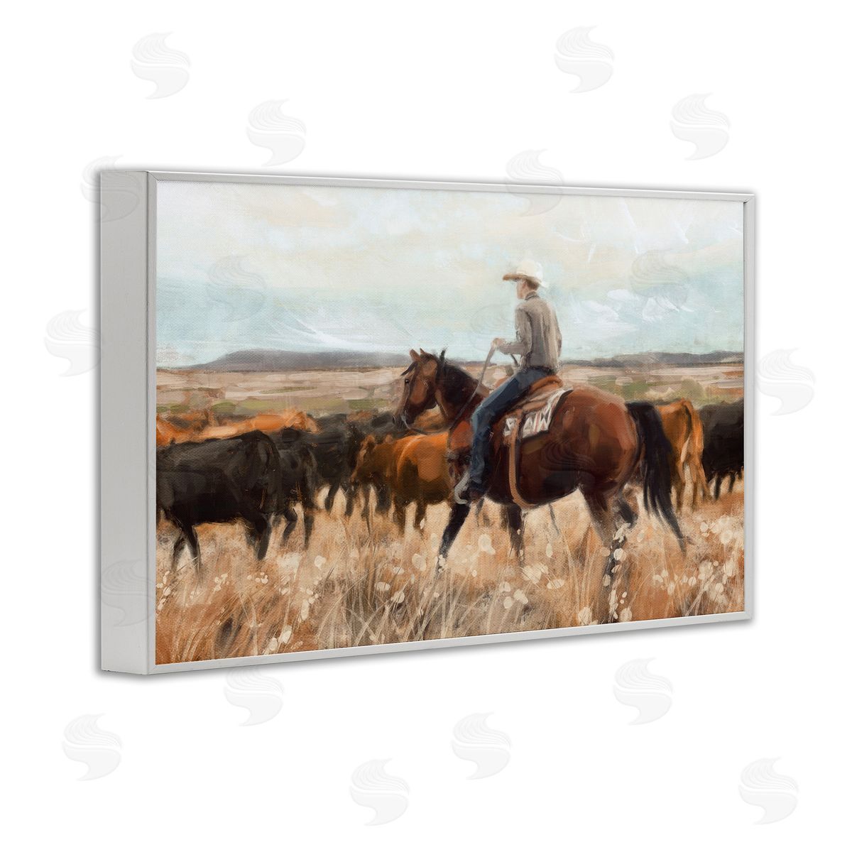 Cowboy Rounding Cattle White Frame Print Wall Art, Home Decor by Nina Blue