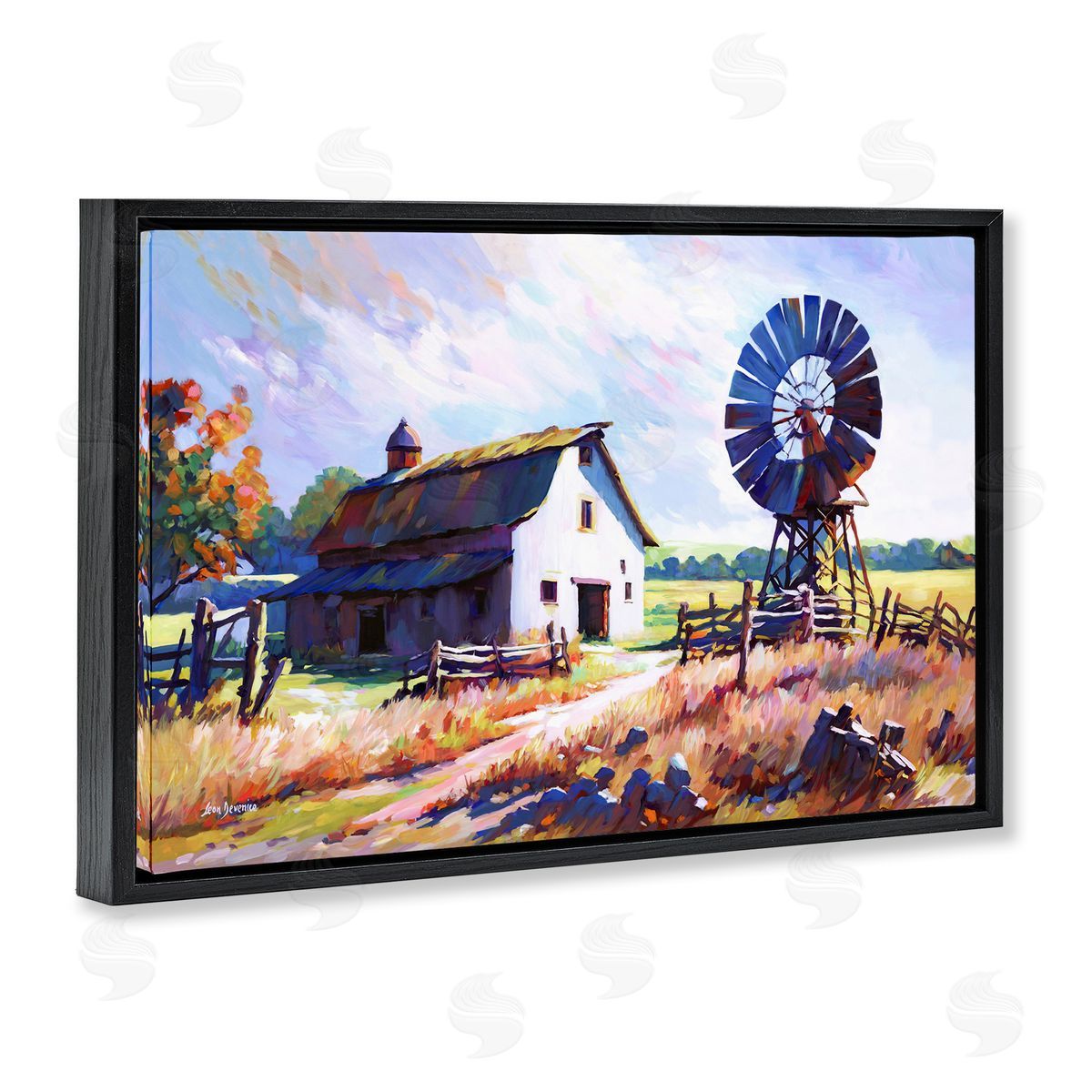 Countryside Serenity Landscape Black Floating Frame Canvas Wall Art, Home Decor by Leon Devenice
