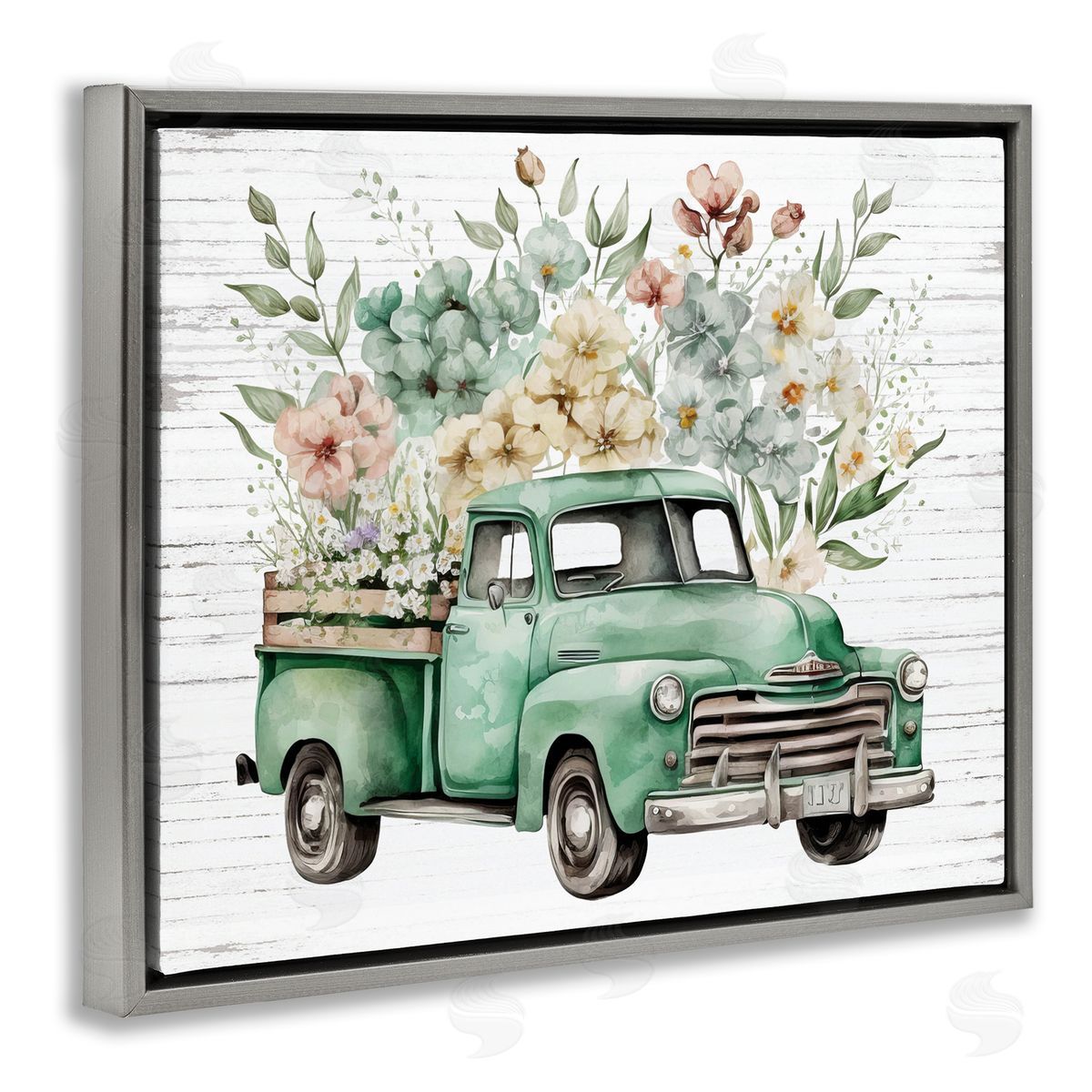 Floral Filled Truck Grey Floating Frame Canvas Wall Art, Home Decor by Lettered and Lined
