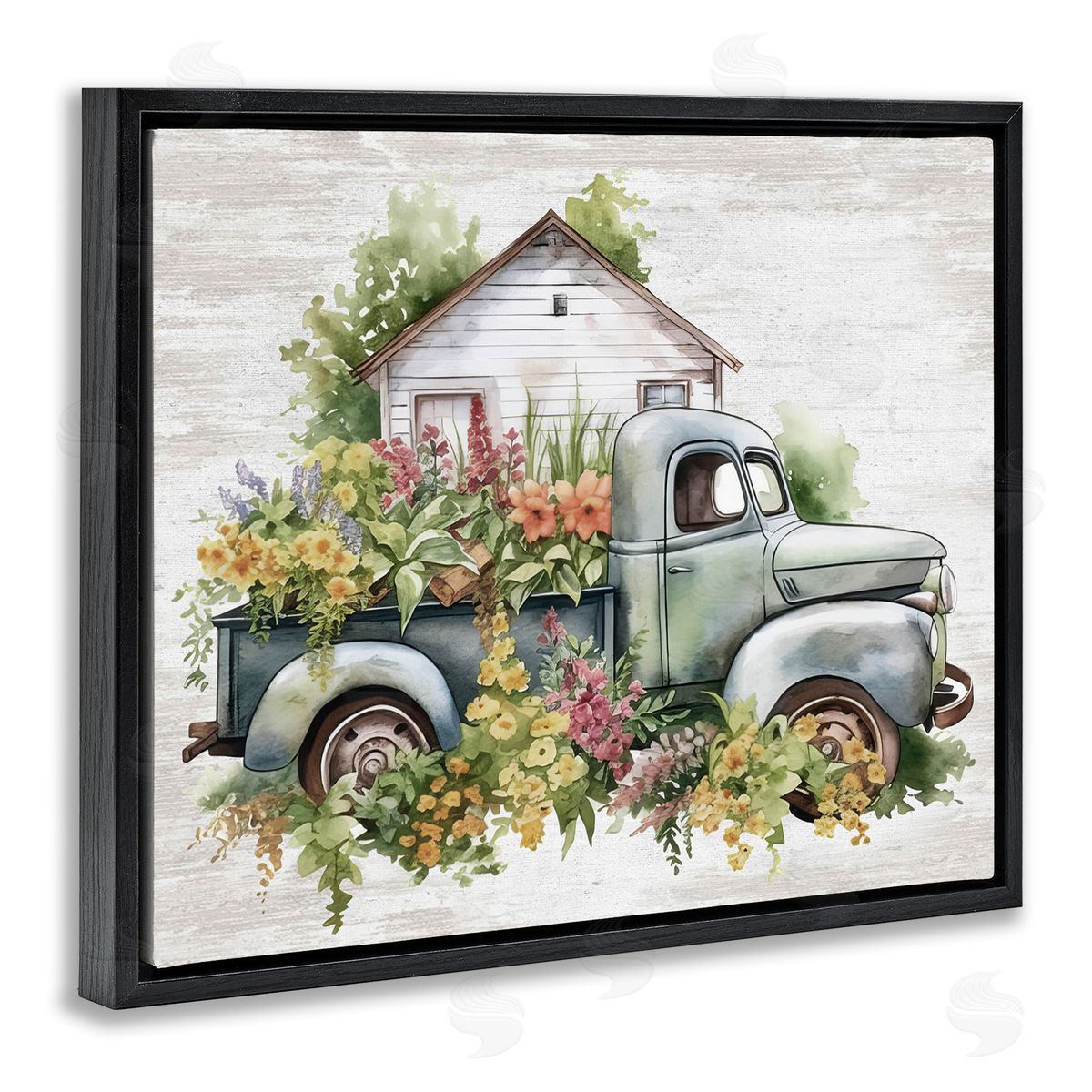 Country Floral Truck Black Floating Frame Canvas Wall Art, Home Decor by Lettered and Lined
