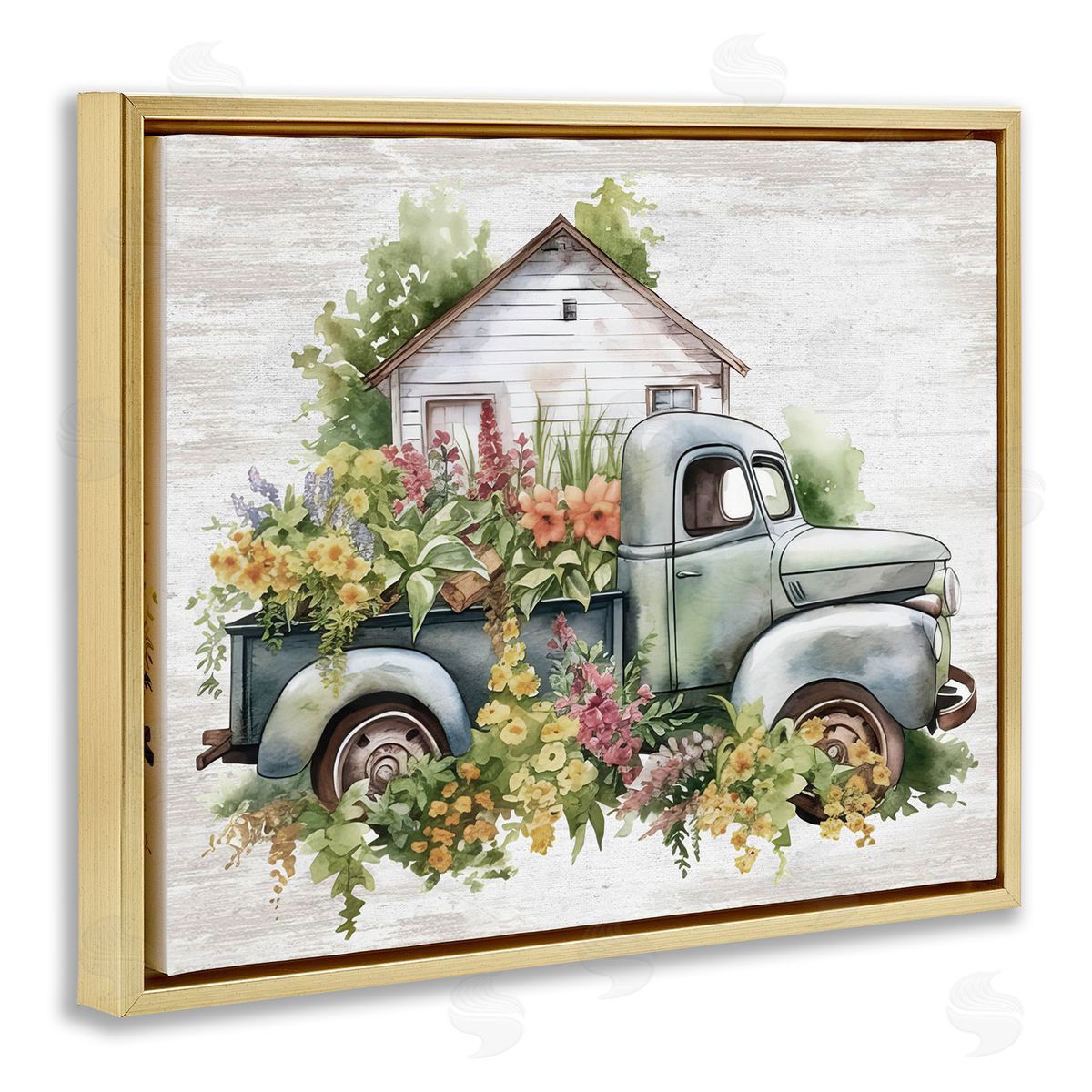 Country Floral Truck Gold Floating Frame Canvas Wall Art, Home Decor by Lettered and Lined