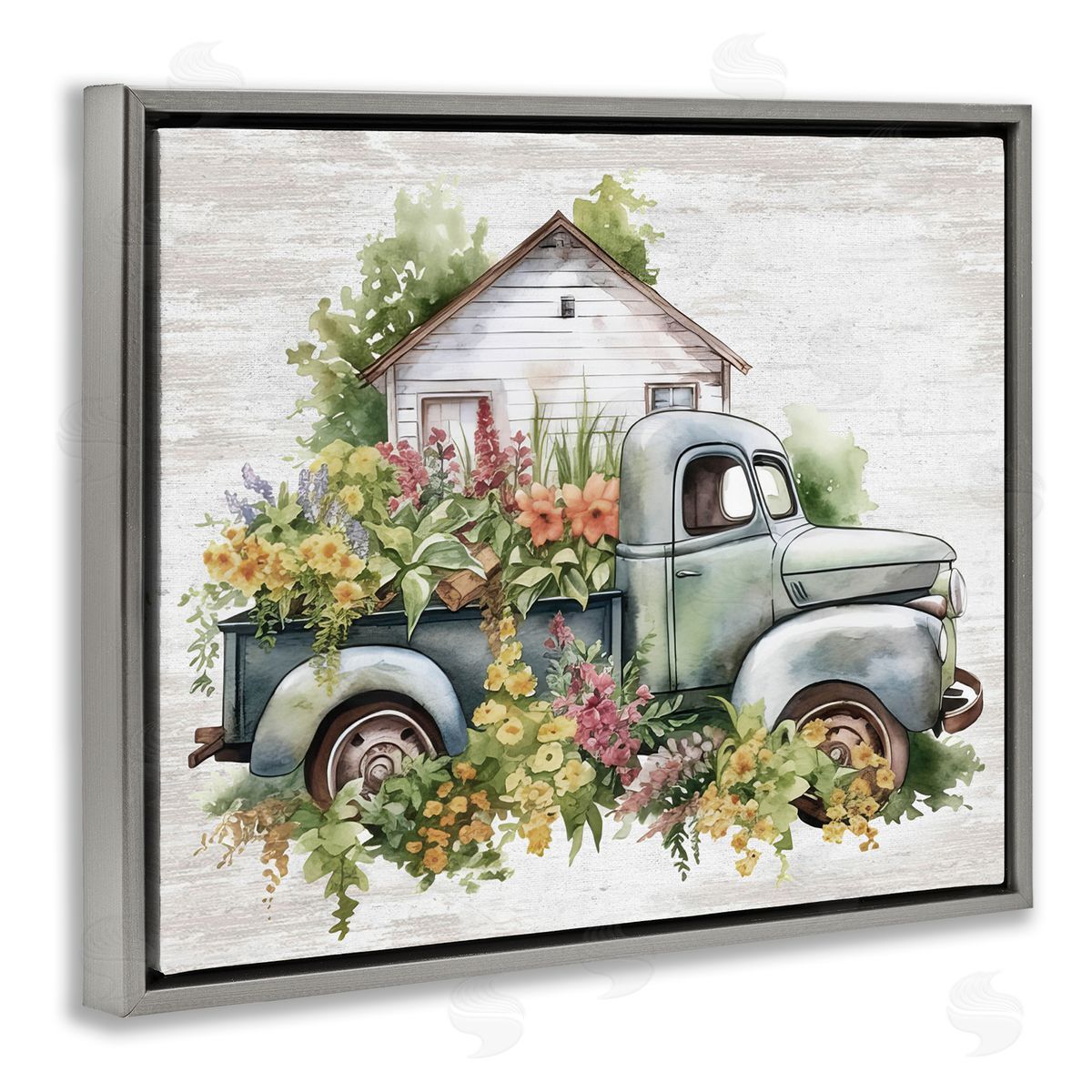 Country Floral Truck Grey Floating Frame Canvas Wall Art, Home Decor by Lettered and Lined
