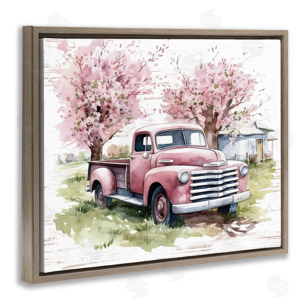 Cherry Blossoms and Pickup Brown Floating Frame Canvas Wall Art, Home Decor by Lettered and Lined