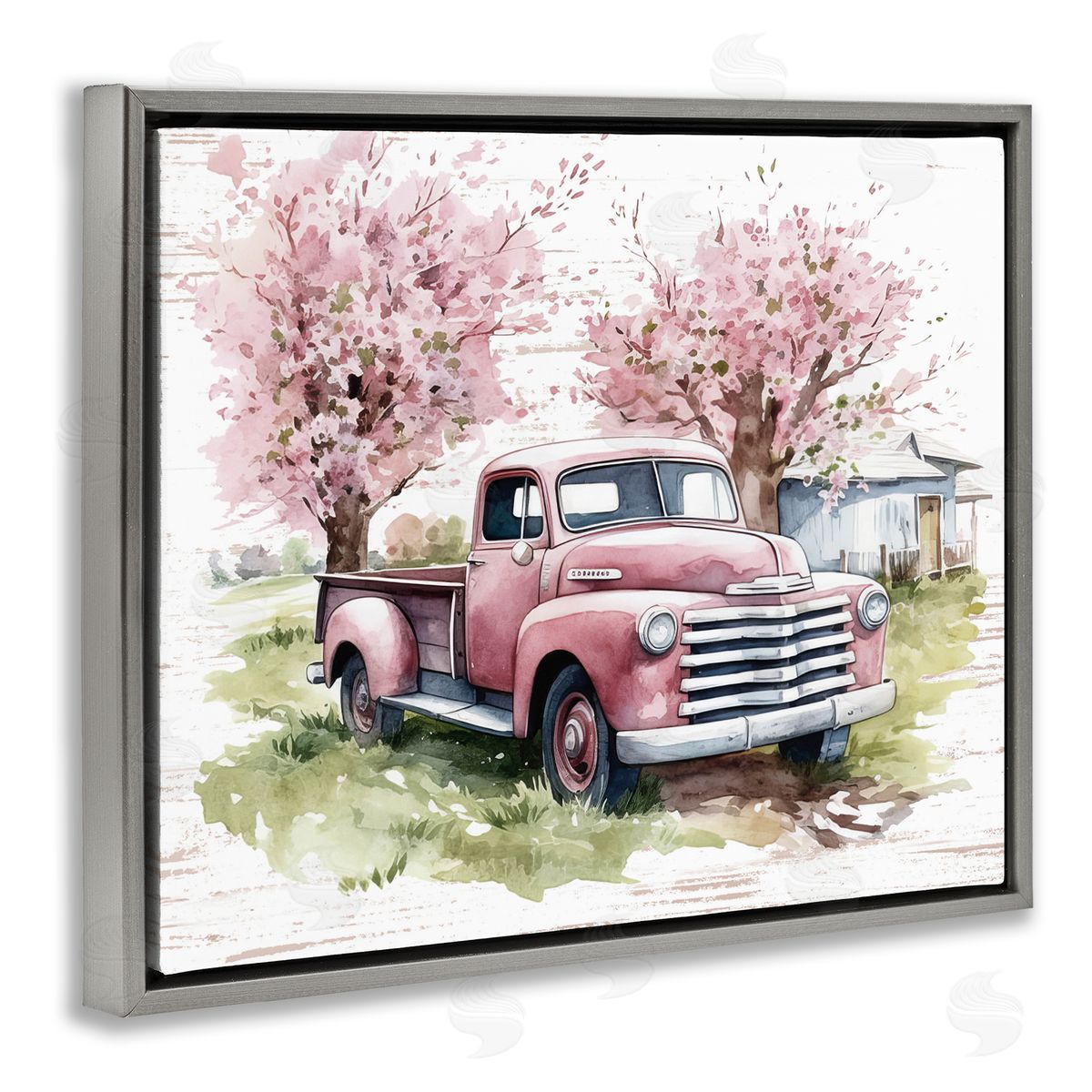 Cherry Blossoms and Pickup Grey Floating Frame Canvas Wall Art, Home Decor by Lettered and Lined