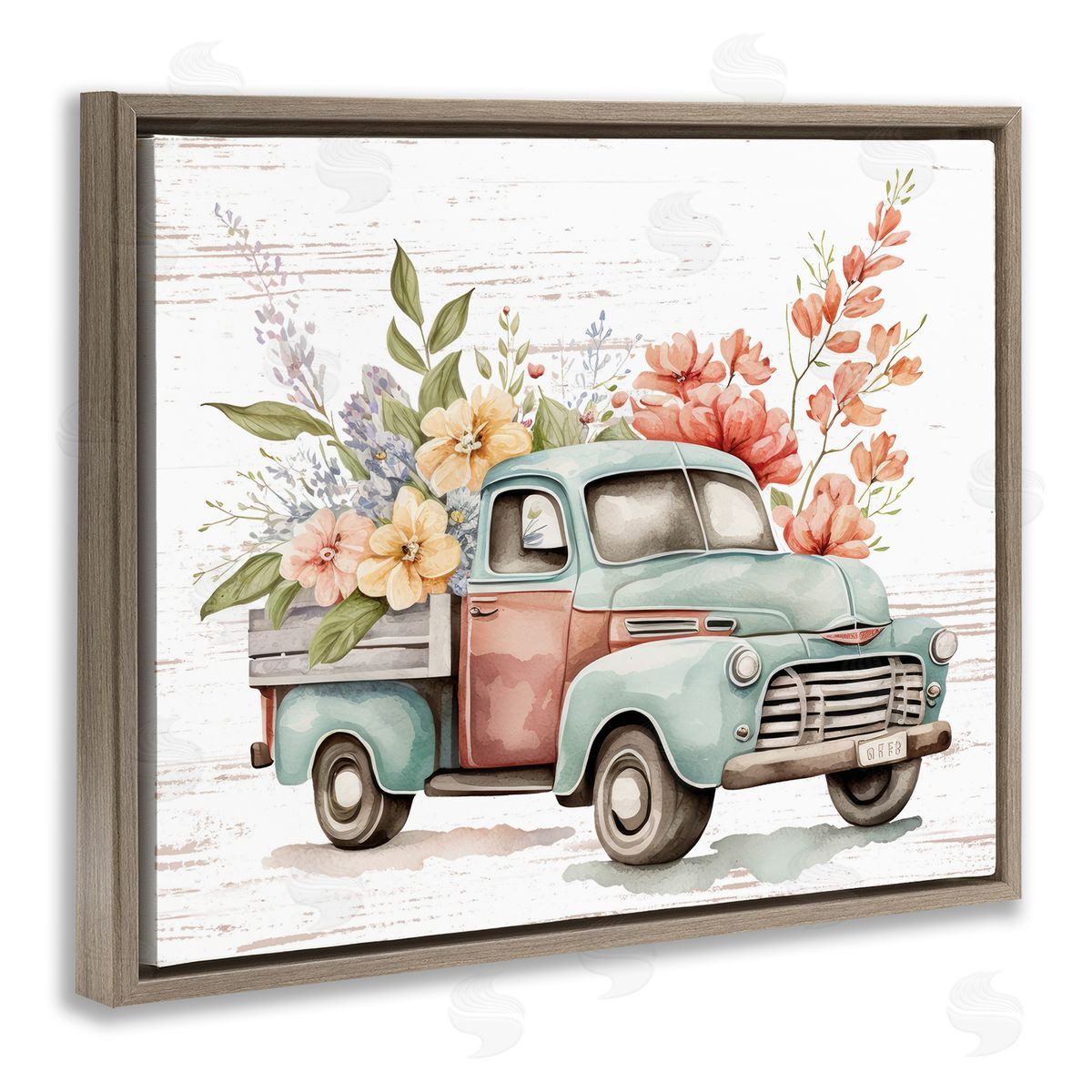 Flower Blossom Truck Brown Floating Frame Canvas Wall Art, Home Decor by Lettered and Lined