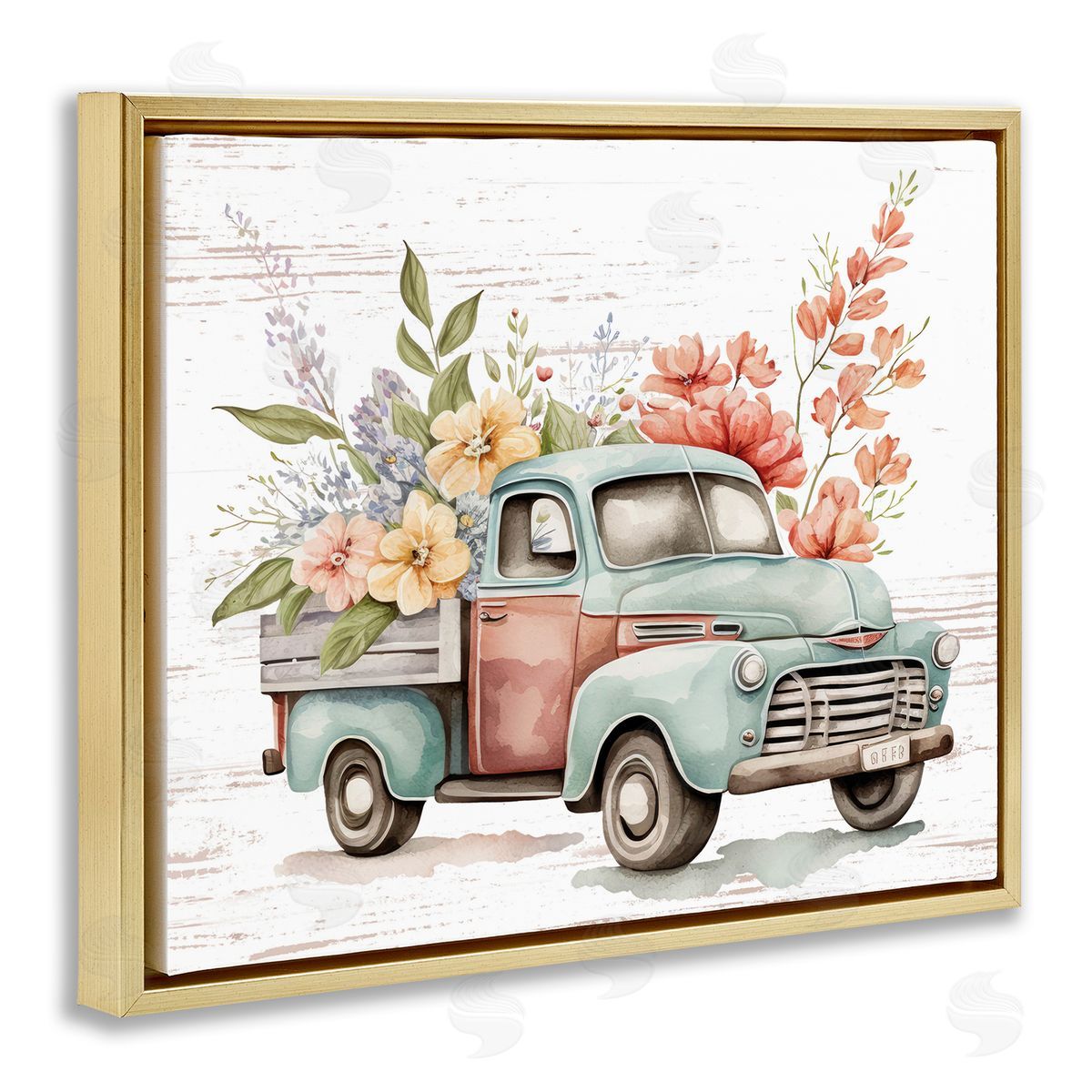 Flower Blossom Truck Gold Floating Frame Canvas Wall Art, Home Decor by Lettered and Lined