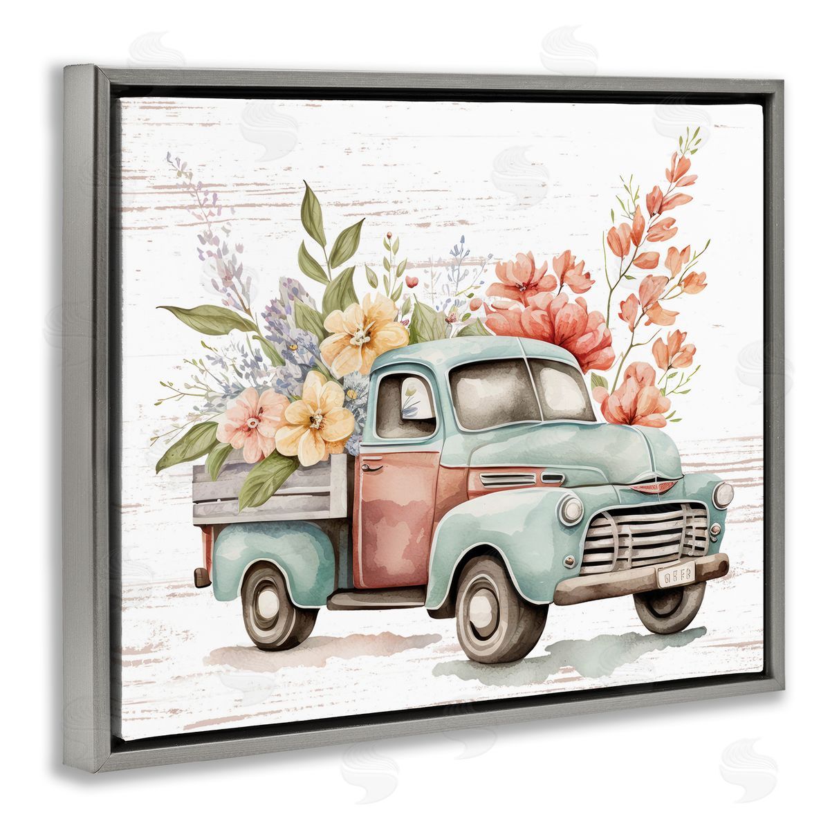 Flower Blossom Truck Grey Floating Frame Canvas Wall Art, Home Decor by Lettered and Lined