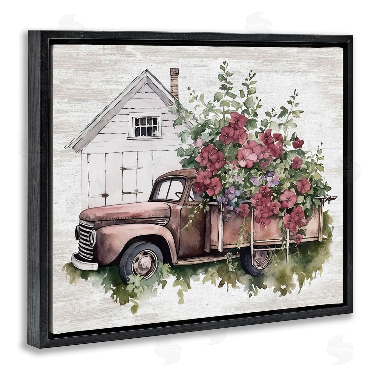 Burgundy Flowers Truck Black Floating Frame Canvas Wall Art, Home Decor by Lettered and Lined