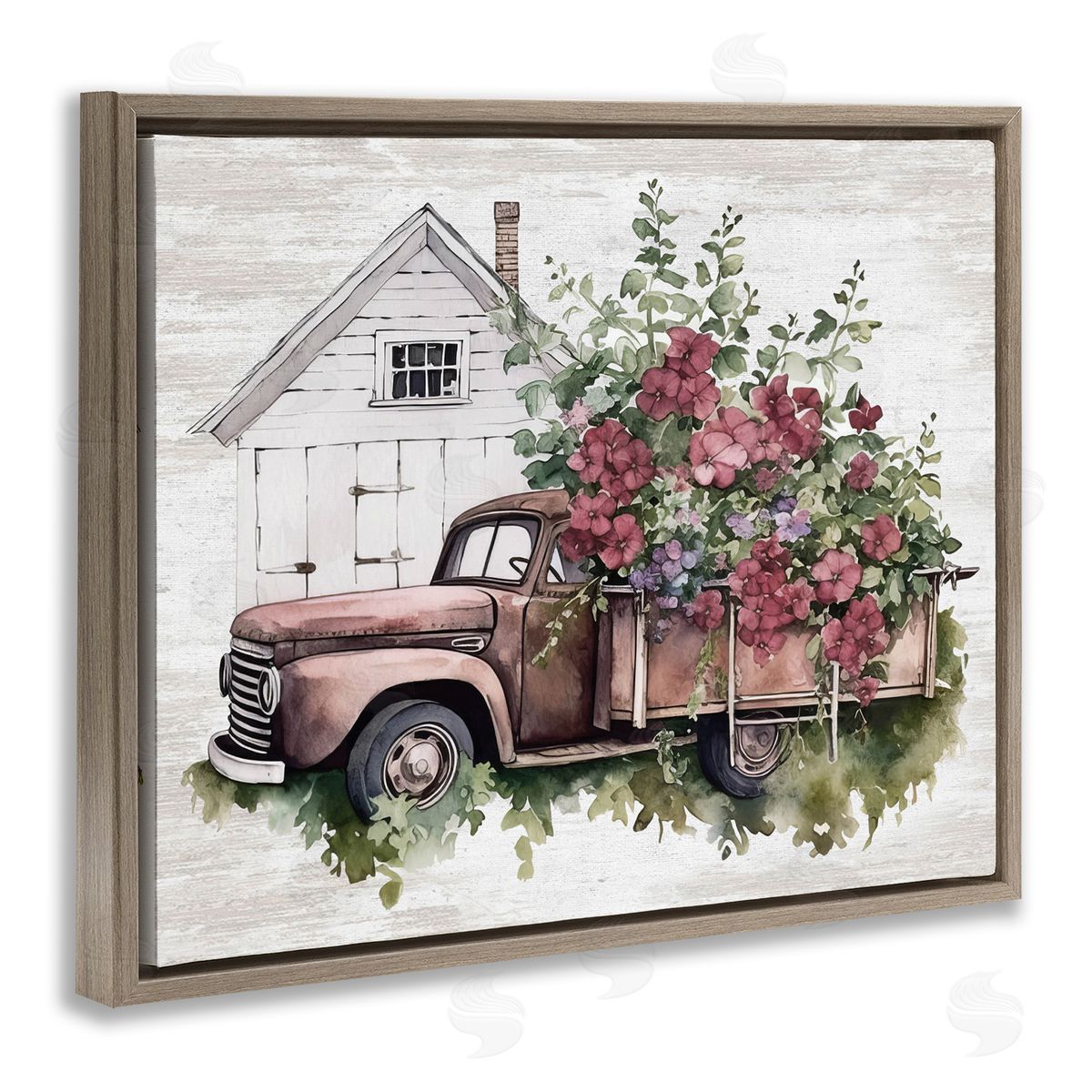 Burgundy Flowers Truck Brown Floating Frame Canvas Wall Art, Home Decor by Lettered and Lined
