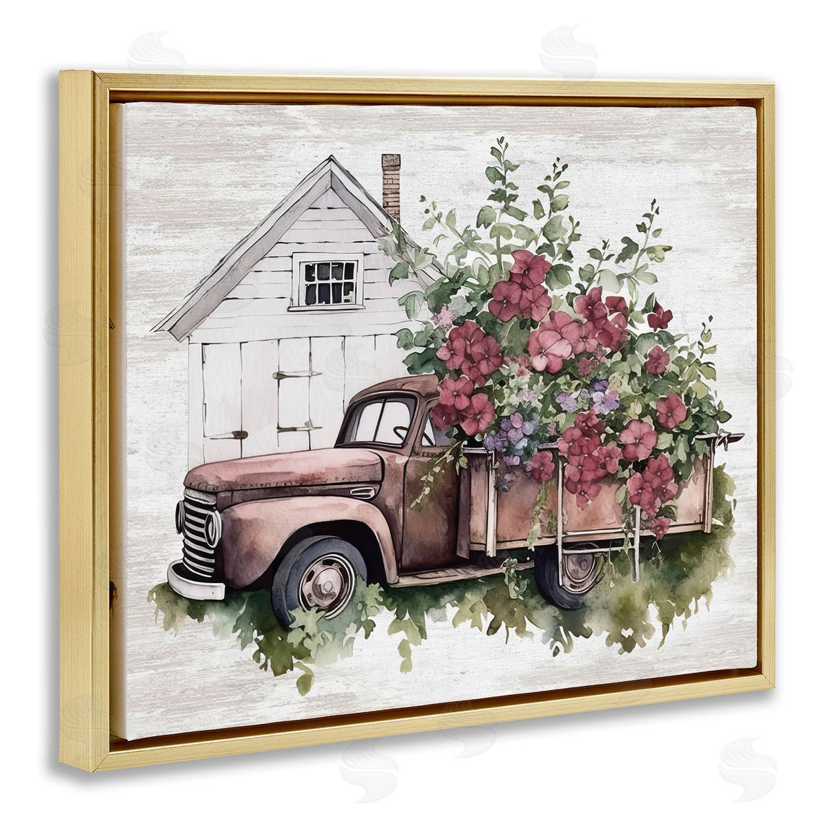 Burgundy Flowers Truck Gold Floating Frame Canvas Wall Art, Home Decor by Lettered and Lined