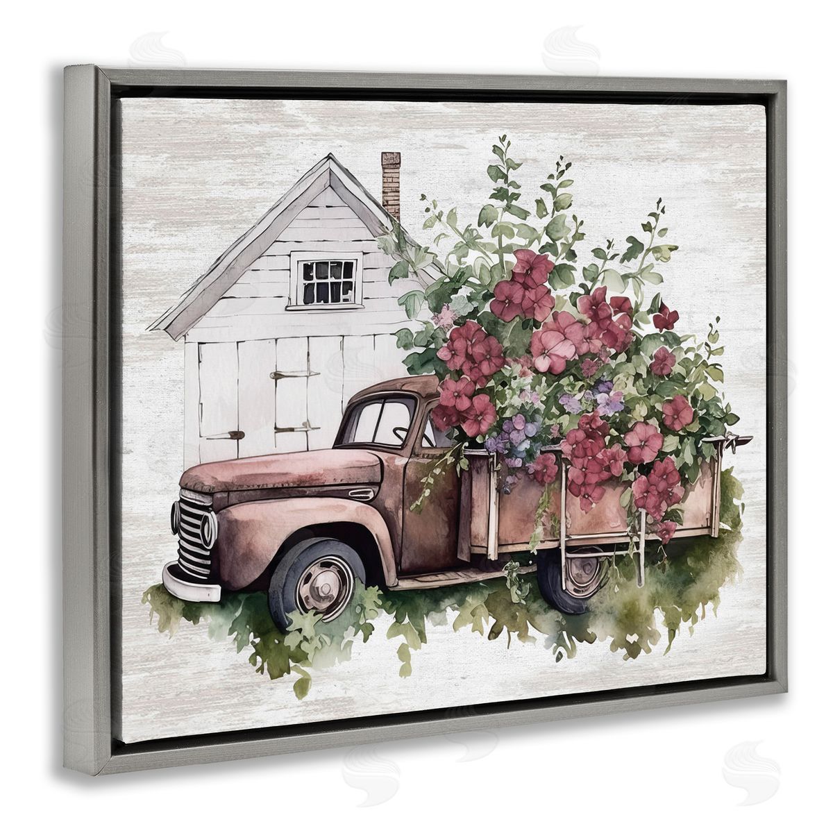 Burgundy Flowers Truck Grey Floating Frame Canvas Wall Art, Home Decor by Lettered and Lined