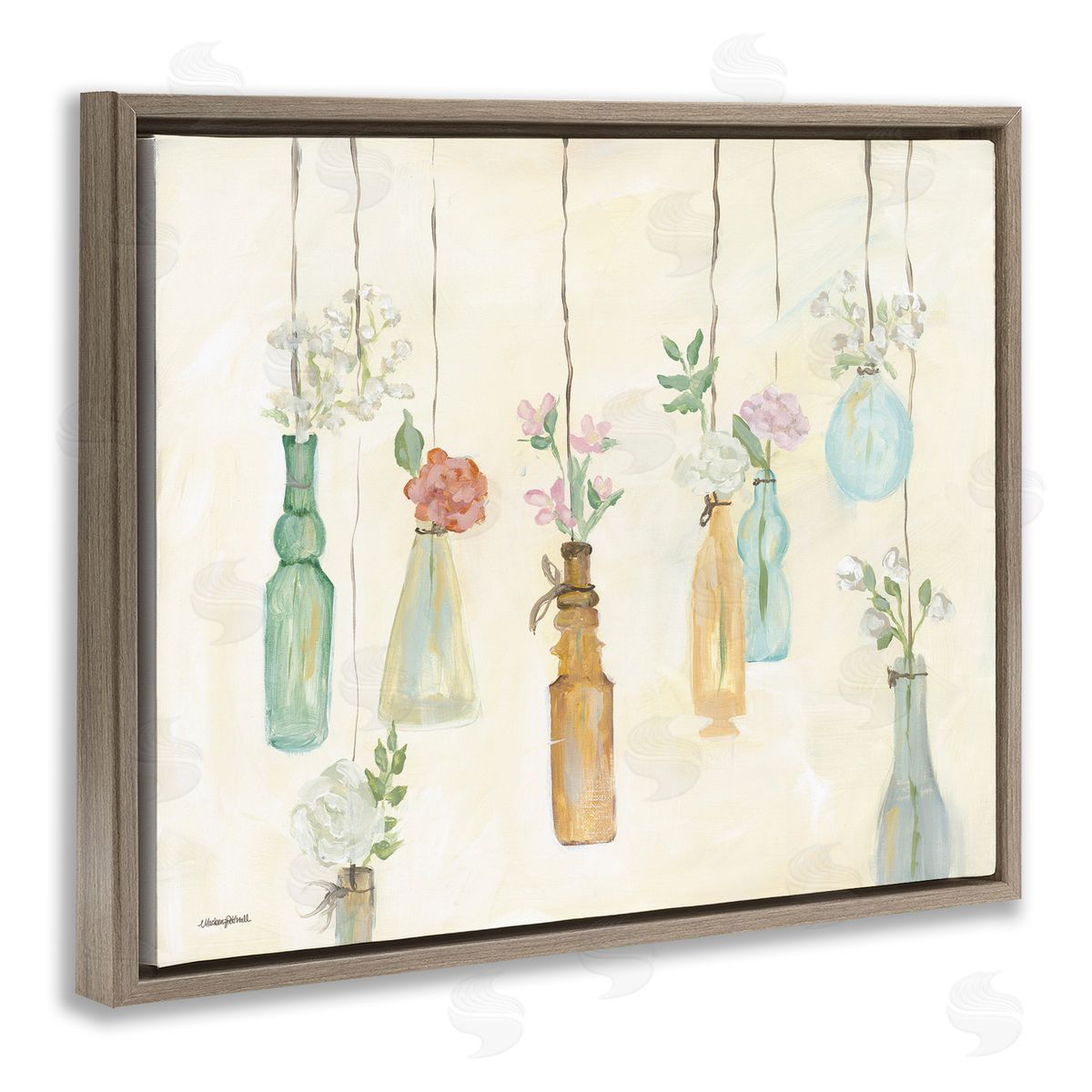 Hanging Floral Bottles Brown Floating Frame Canvas Wall Art, Home Decor by Mackenzie Kissell