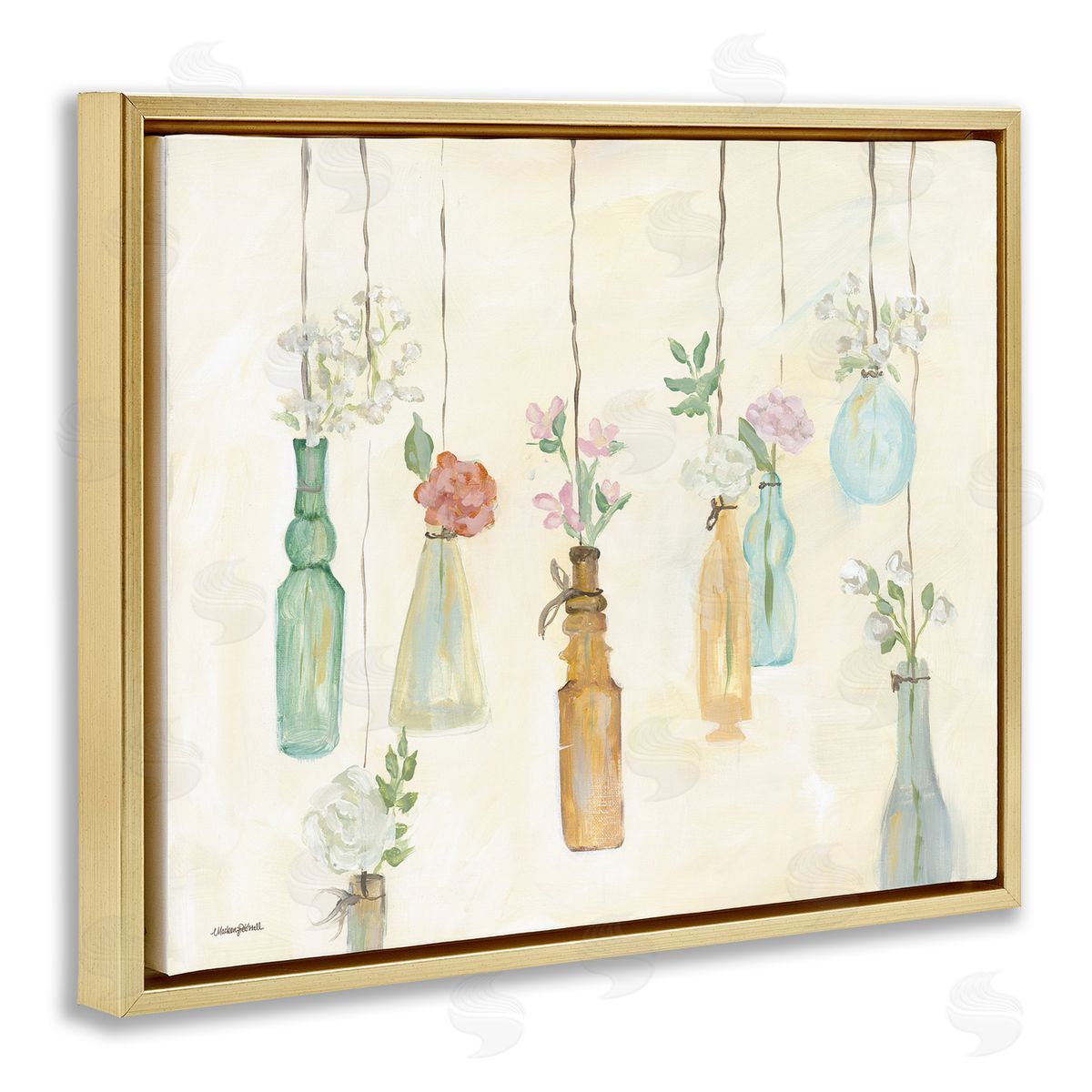 Hanging Floral Bottles Gold Floating Frame Canvas Wall Art, Home Decor by Mackenzie Kissell