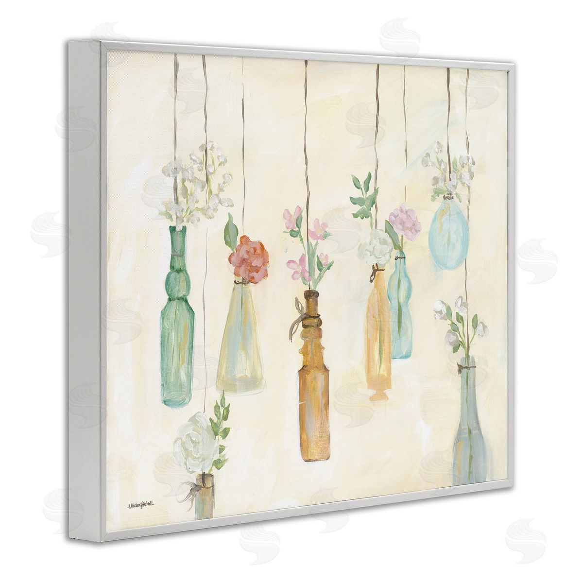 Hanging Floral Bottles White Frame Print Wall Art, Home Decor by Mackenzie Kissell