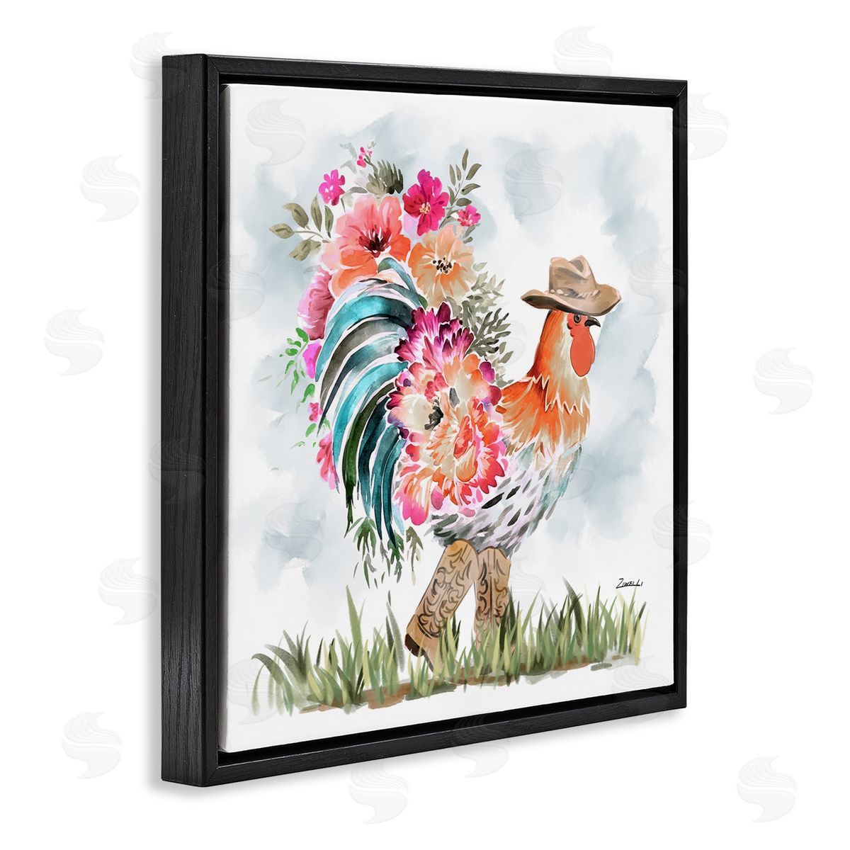 Blooming Cowgirl Hen Black Floating Frame Canvas Wall Art, Home Decor by Ziwei Li