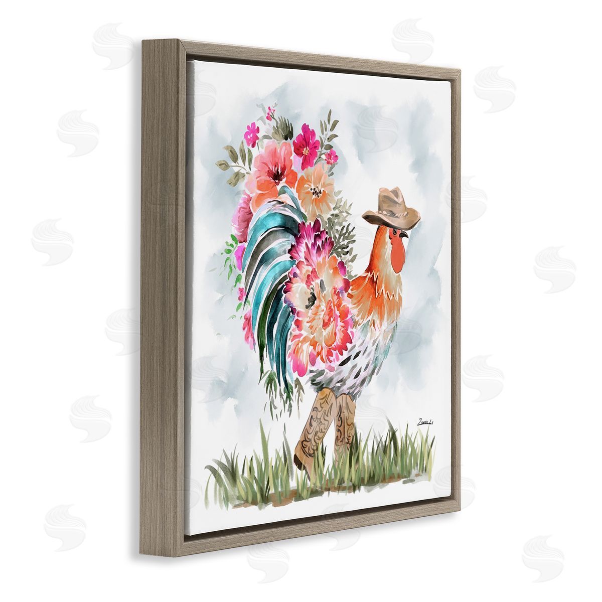 Blooming Cowgirl Hen Brown Floating Frame Canvas Wall Art, Home Decor by Ziwei Li