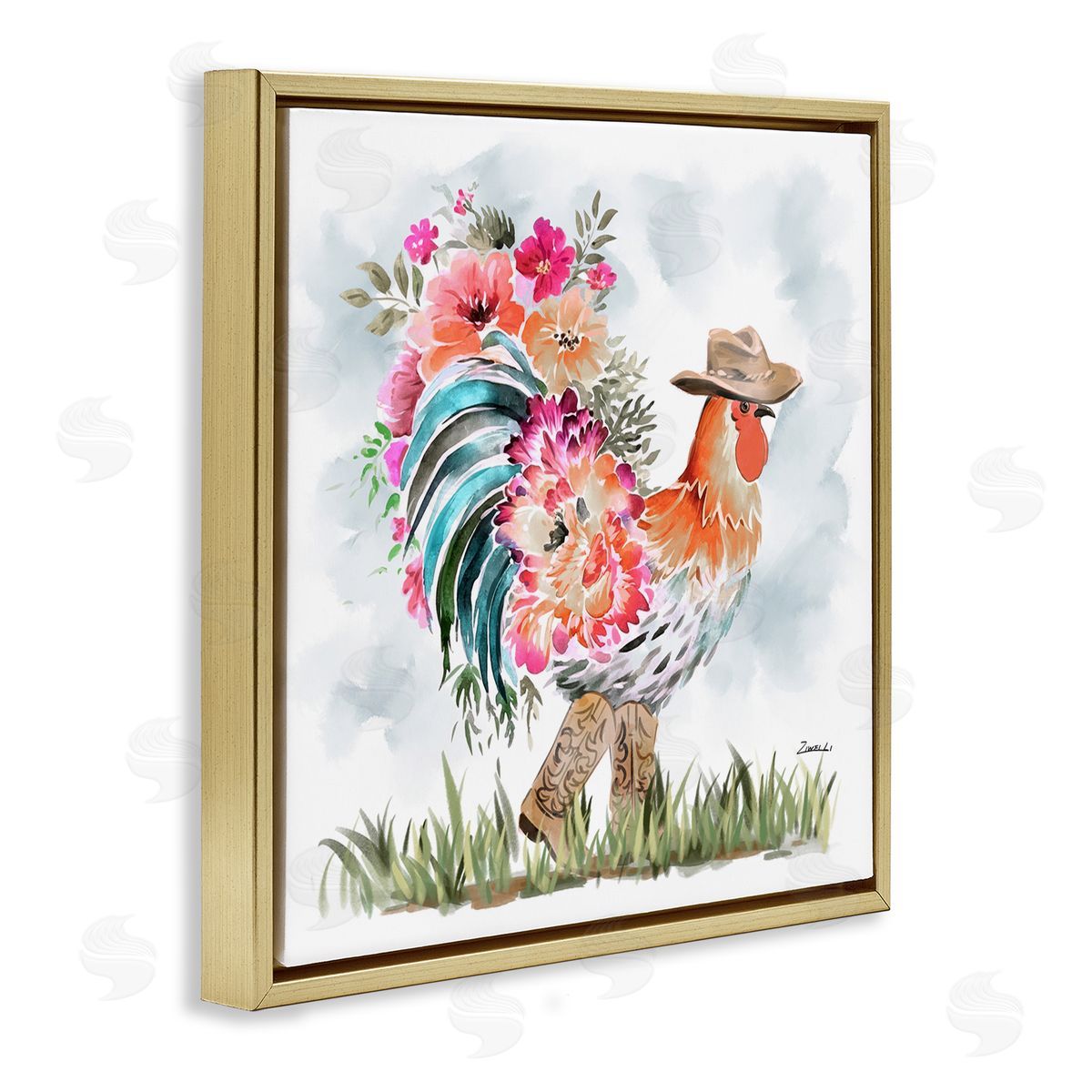 Blooming Cowgirl Hen Gold Floating Frame Canvas Wall Art, Home Decor by Ziwei Li