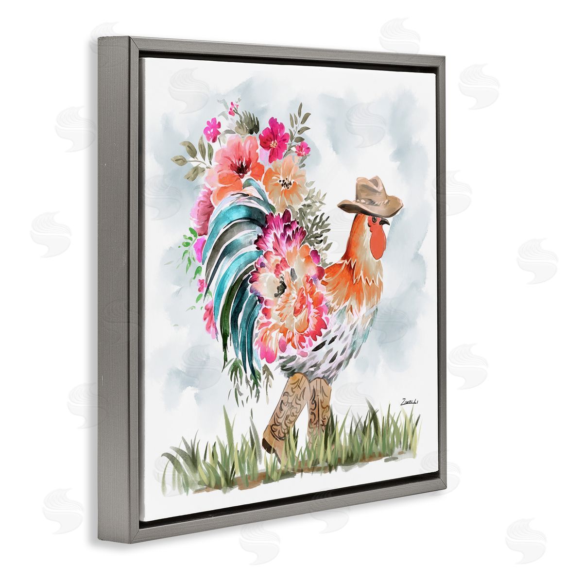 Blooming Cowgirl Hen Grey Floating Frame Canvas Wall Art, Home Decor by Ziwei Li