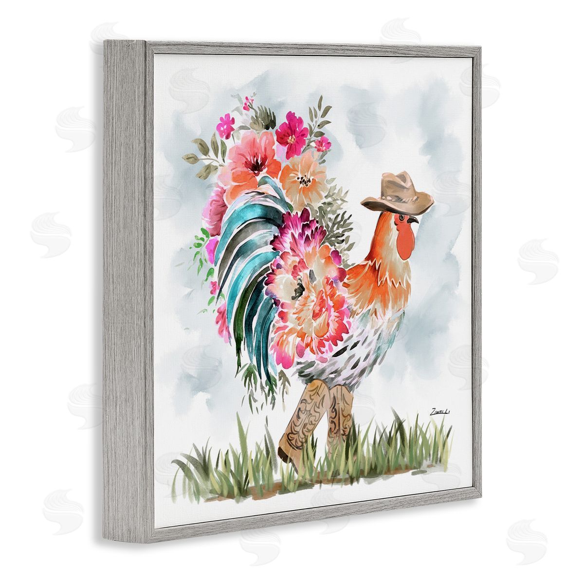Blooming Cowgirl Hen Grey Frame Print Wall Art, Home Decor by Ziwei Li