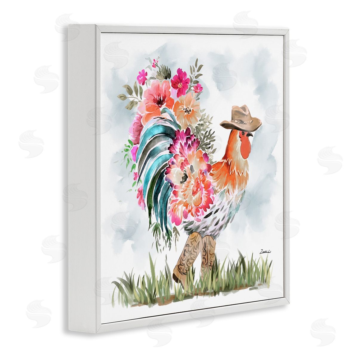 Blooming Cowgirl Hen White Frame Print Wall Art, Home Decor by Ziwei Li