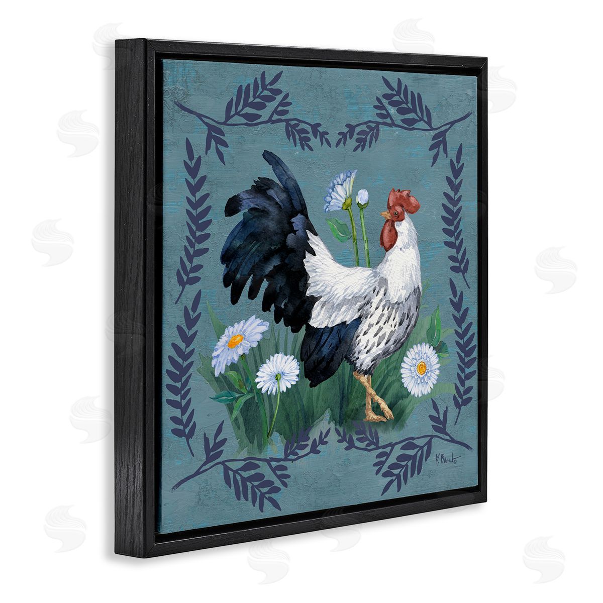 Ferns and Rooster Black Floating Frame Canvas Wall Art, Home Decor by Paul Brent