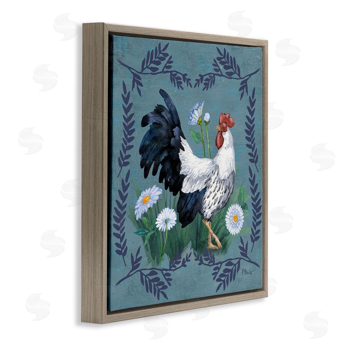 Ferns and Rooster Brown Floating Frame Canvas Wall Art, Home Decor by Paul Brent