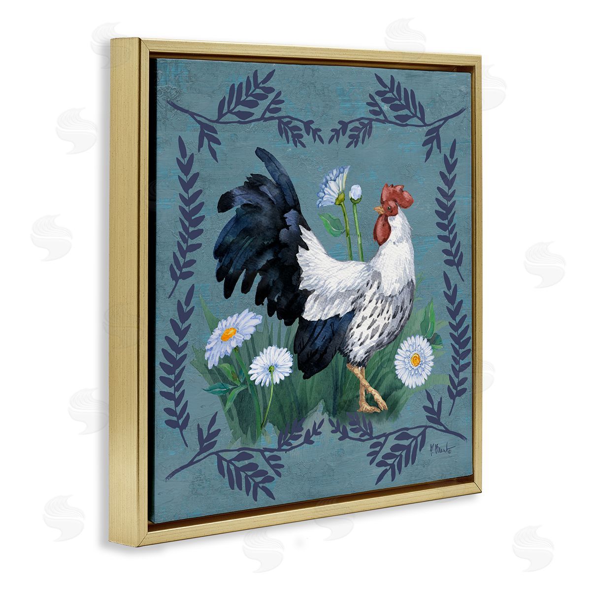 Ferns and Rooster Gold Floating Frame Canvas Wall Art, Home Decor by Paul Brent