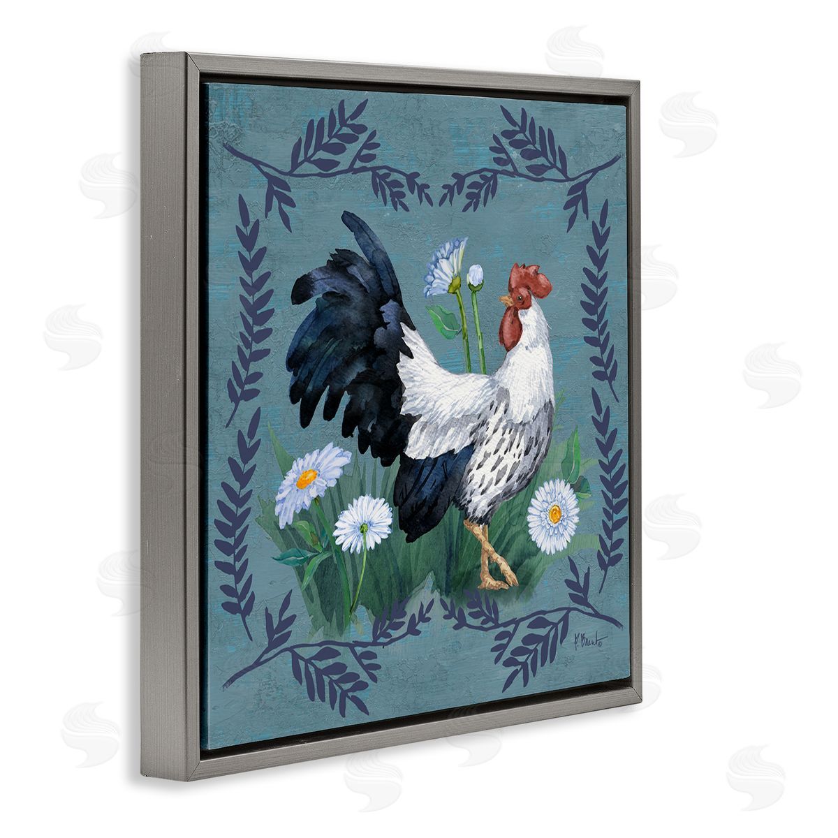 Ferns and Rooster Grey Floating Frame Canvas Wall Art, Home Decor by Paul Brent
