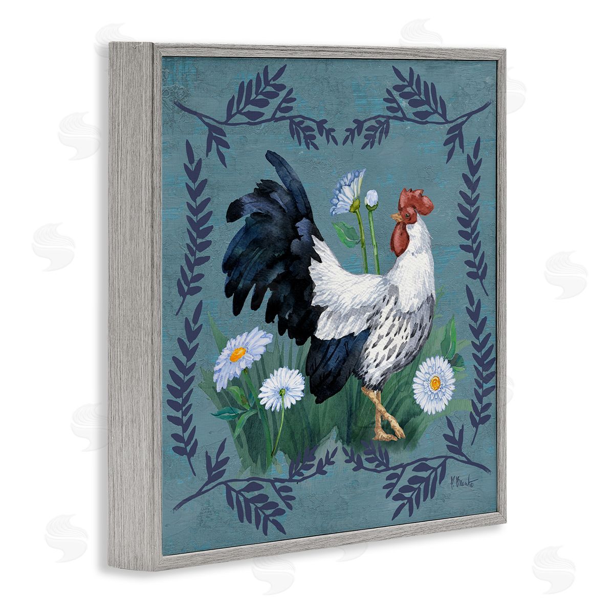 Ferns and Rooster Grey Frame Print Wall Art, Home Decor by Paul Brent