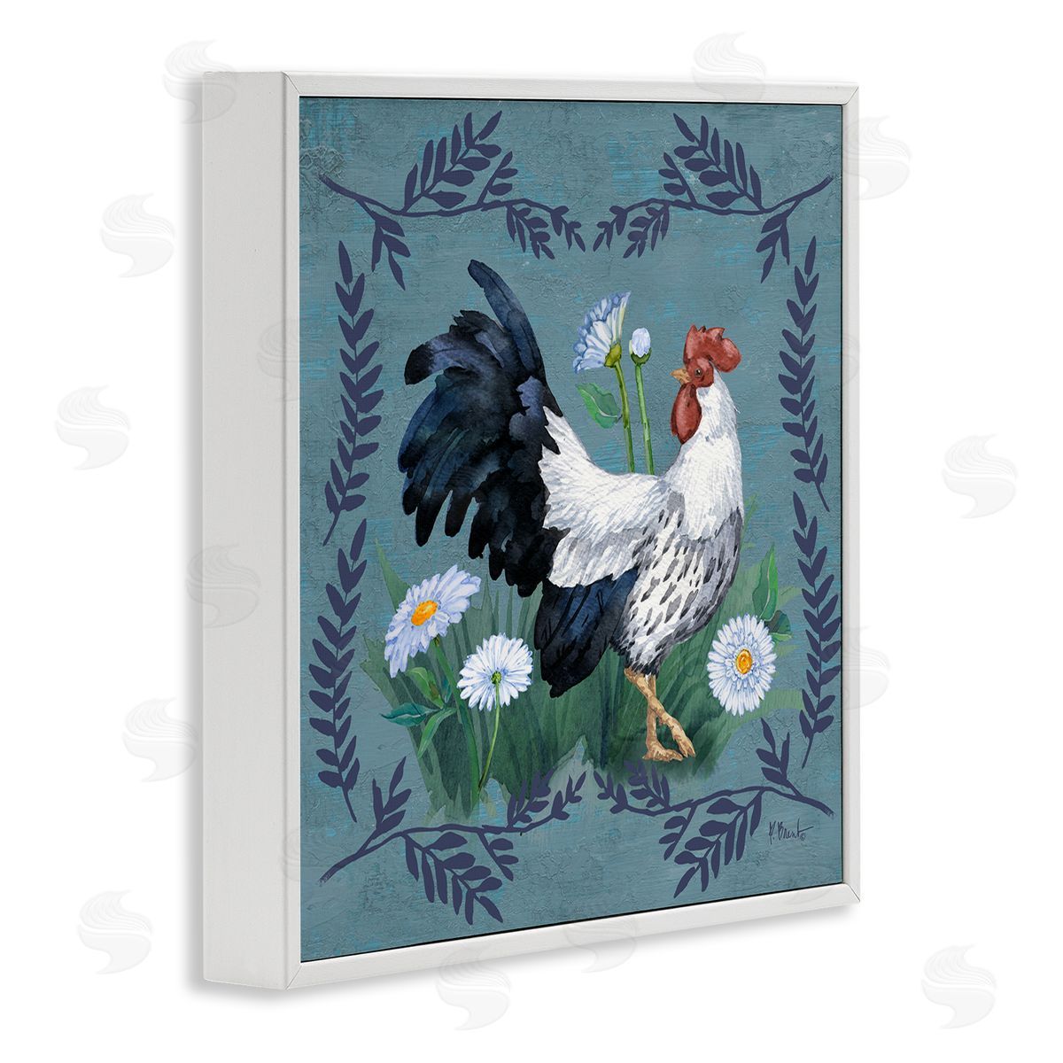 Ferns and Rooster White Frame Print Wall Art, Home Decor by Paul Brent