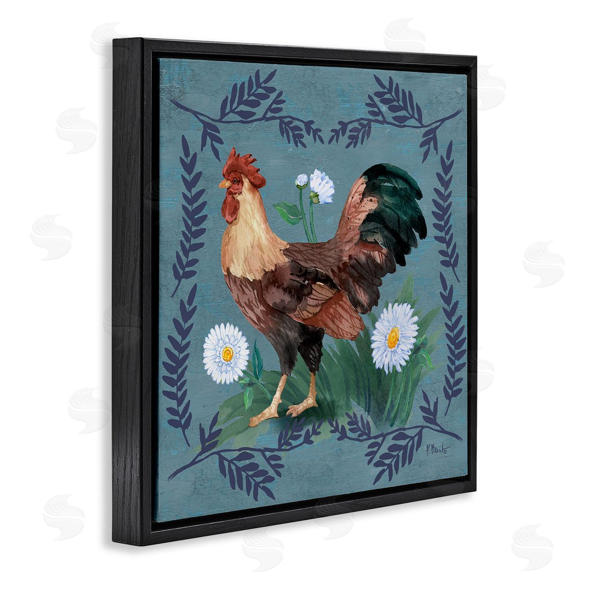 Rooster and Fern Trim Black Floating Frame Canvas Wall Art, Home Decor by Paul Brent