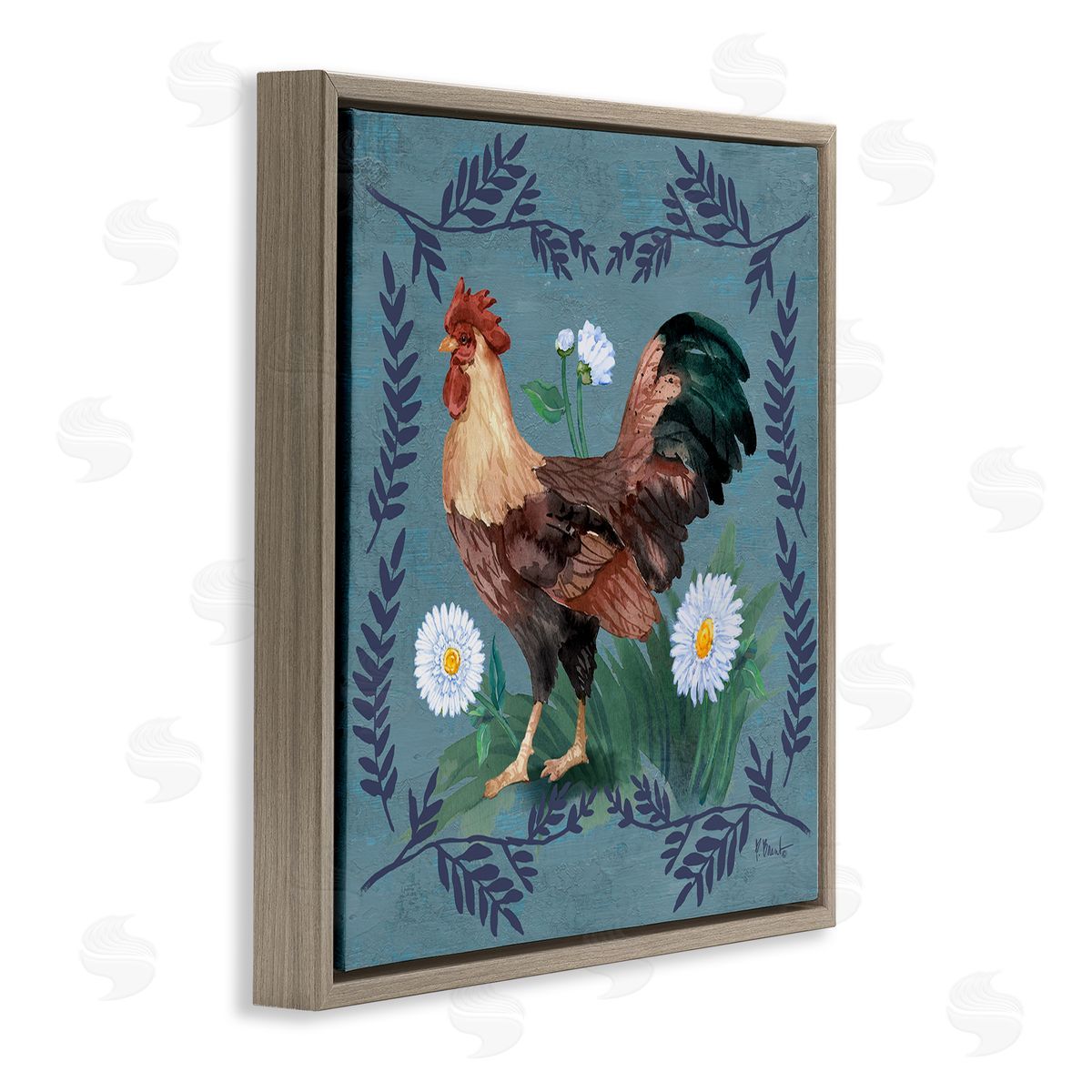 Rooster and Fern Trim Brown Floating Frame Canvas Wall Art, Home Decor by Paul Brent