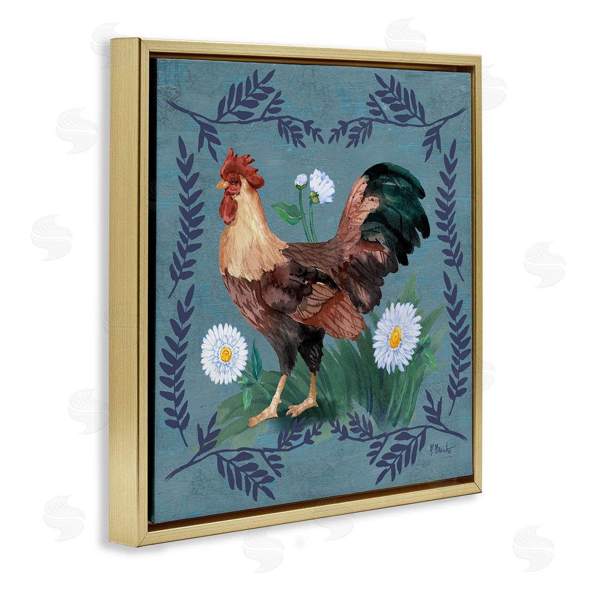 Rooster and Fern Trim Gold Floating Frame Canvas Wall Art, Home Decor by Paul Brent