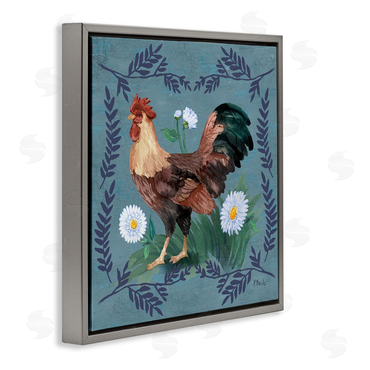 Rooster and Fern Trim Grey Floating Frame Canvas Wall Art, Home Decor by Paul Brent
