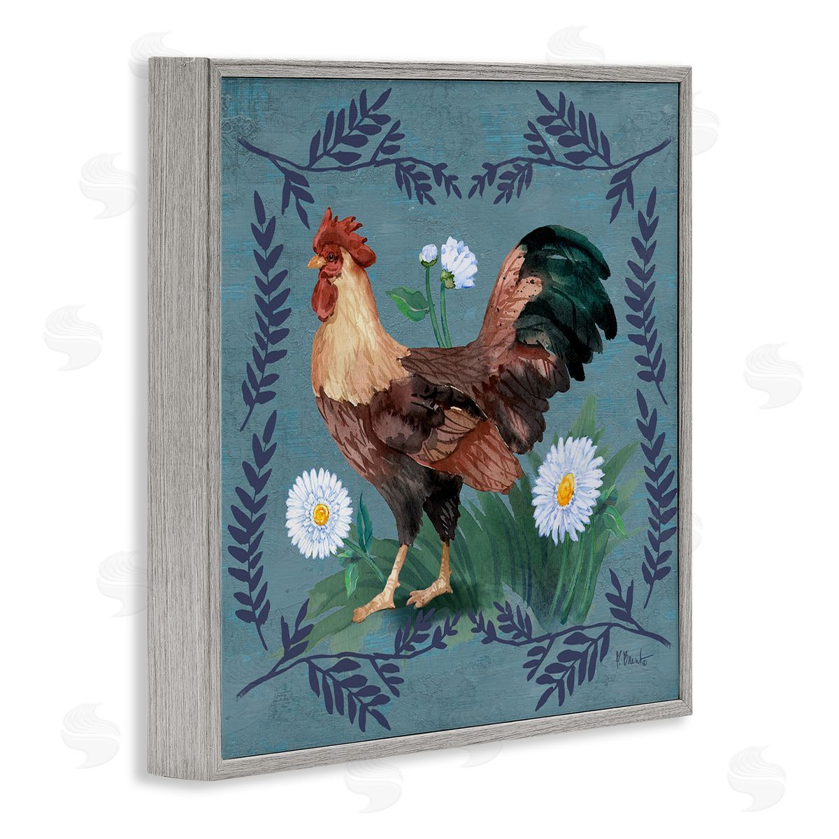 Rooster and Fern Trim Grey Frame Print Wall Art, Home Decor by Paul Brent