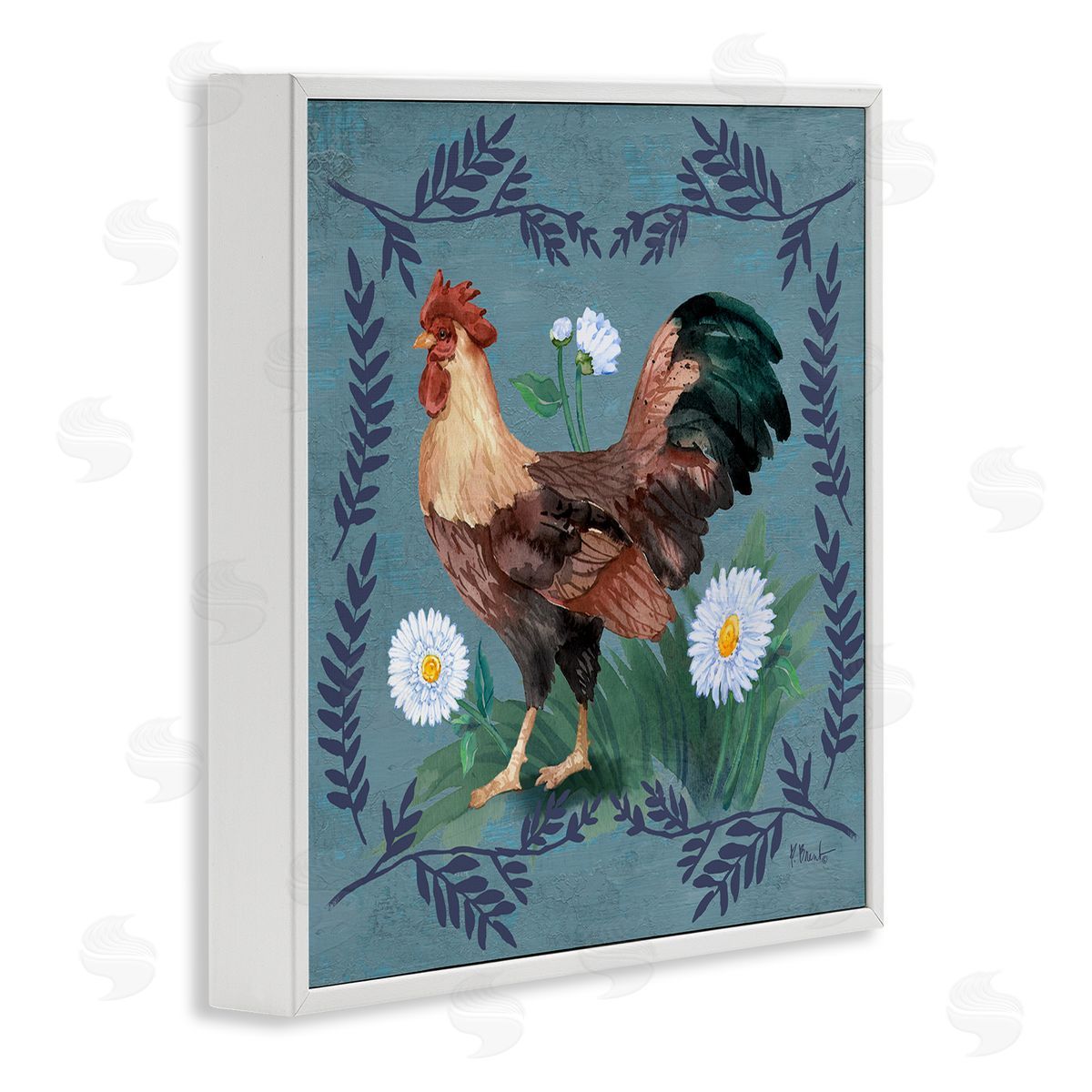 Rooster and Fern Trim White Frame Print Wall Art, Home Decor by Paul Brent