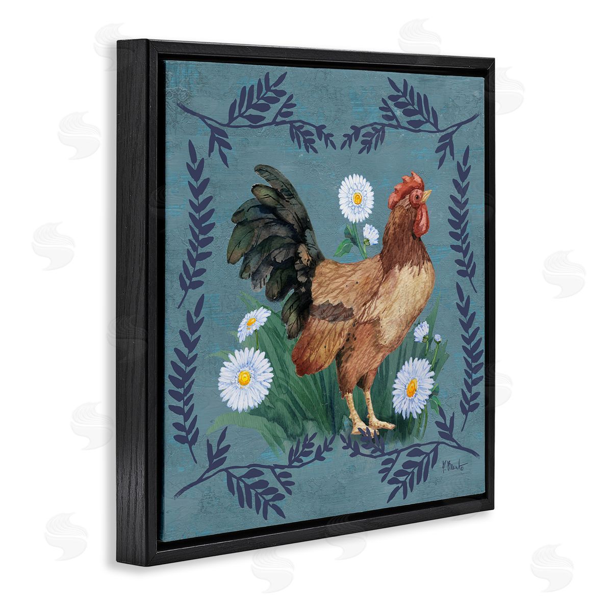 Rooster and Daisies Black Floating Frame Canvas Wall Art, Home Decor by Paul Brent