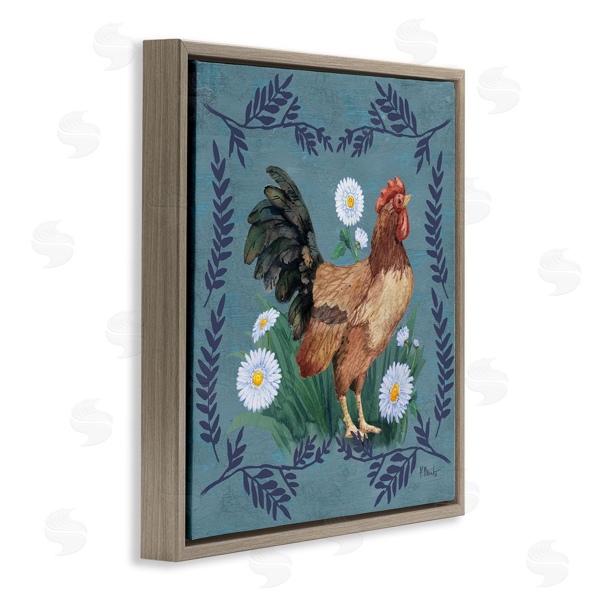 Rooster and Daisies Brown Floating Frame Canvas Wall Art, Home Decor by Paul Brent