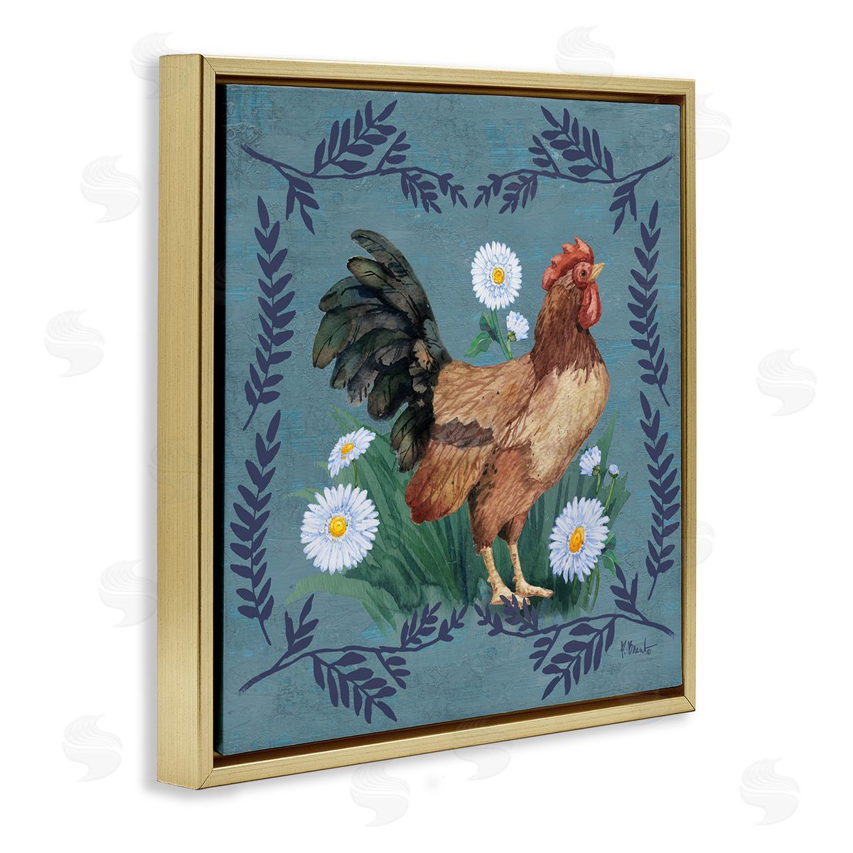 Rooster and Daisies Gold Floating Frame Canvas Wall Art, Home Decor by Paul Brent