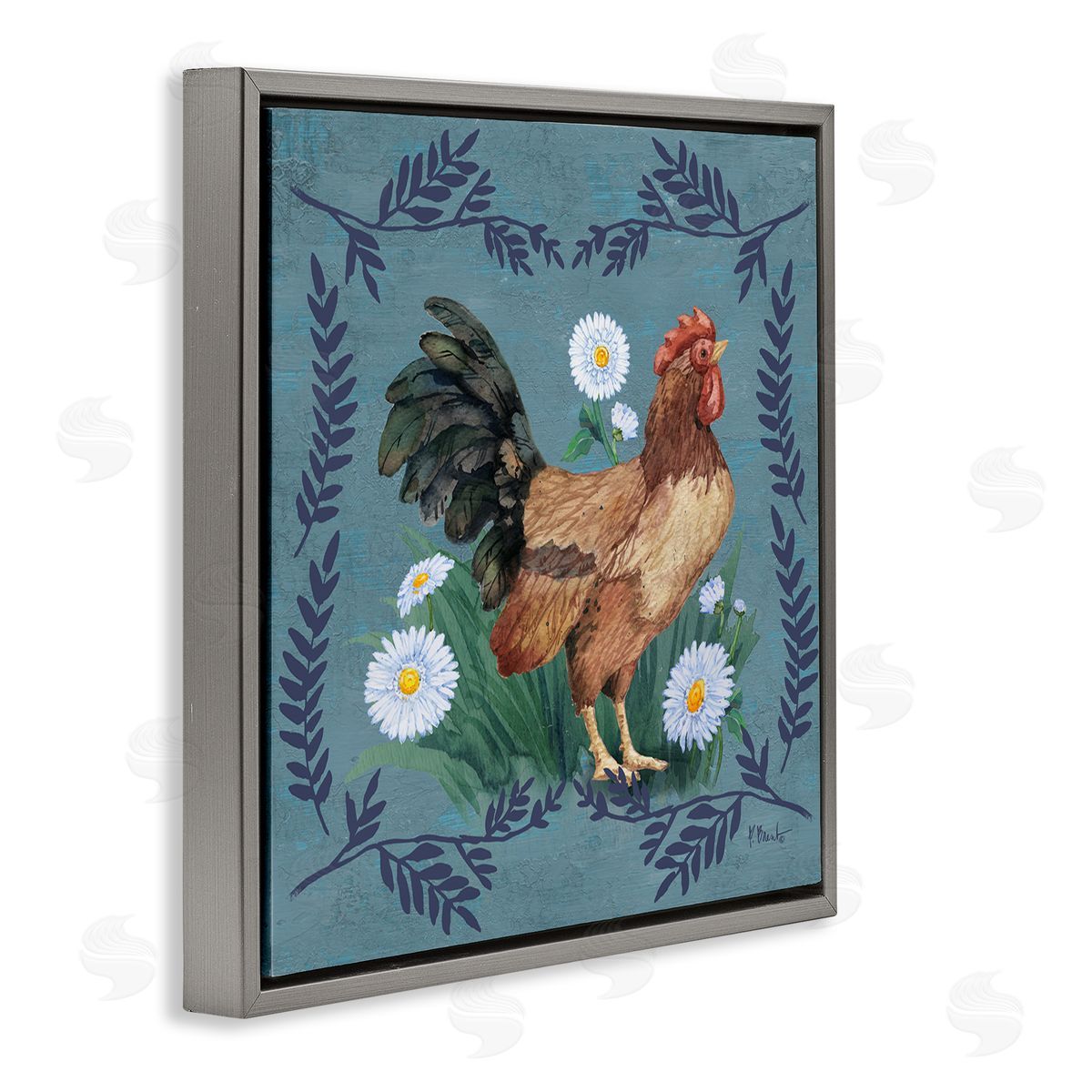 Rooster and Daisies Grey Floating Frame Canvas Wall Art, Home Decor by Paul Brent