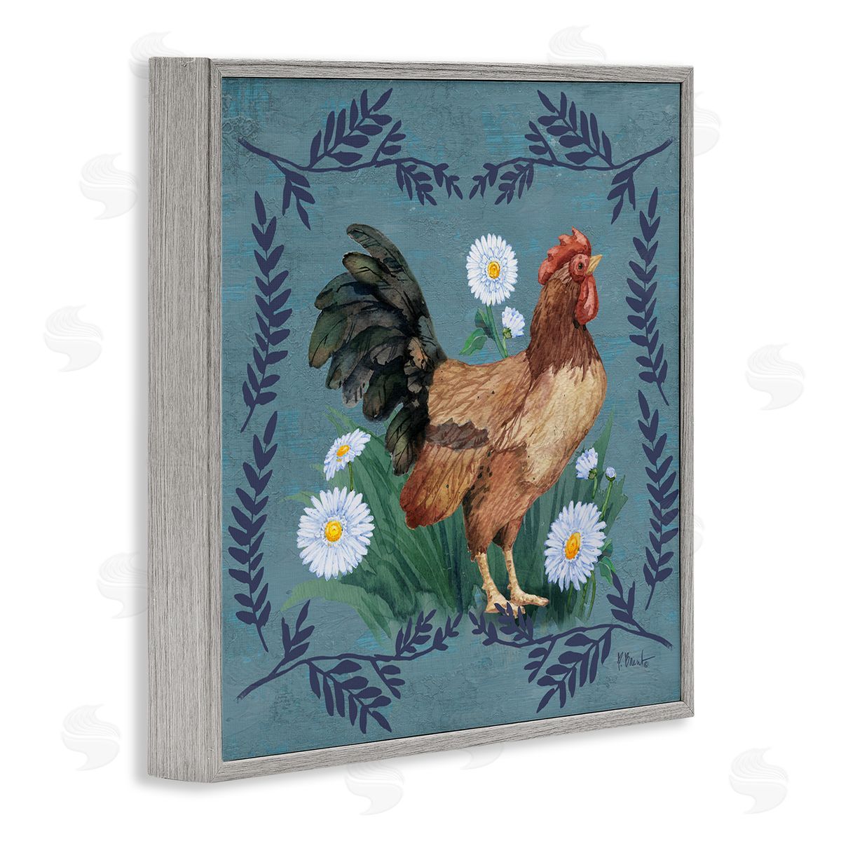 Rooster and Daisies Grey Frame Print Wall Art, Home Decor by Paul Brent