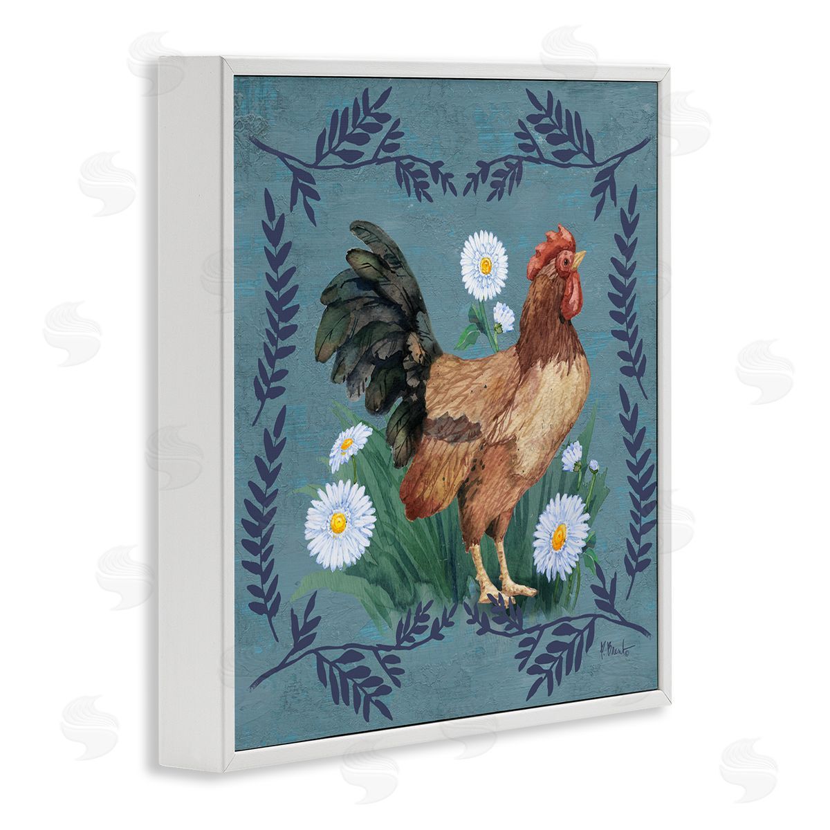 Rooster and Daisies White Frame Print Wall Art, Home Decor by Paul Brent