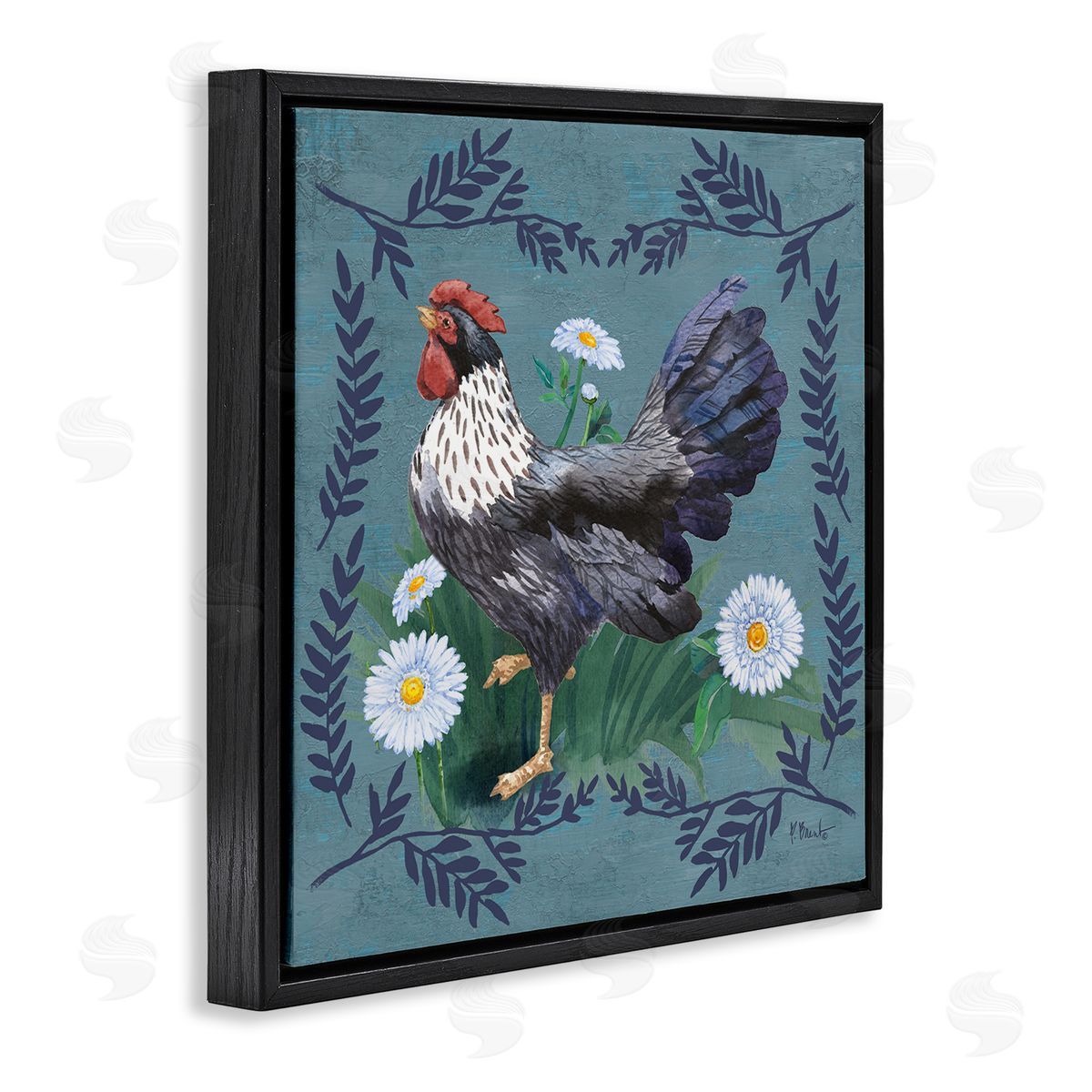 Country Hen and Ferns Black Floating Frame Canvas Wall Art, Home Decor by Paul Brent
